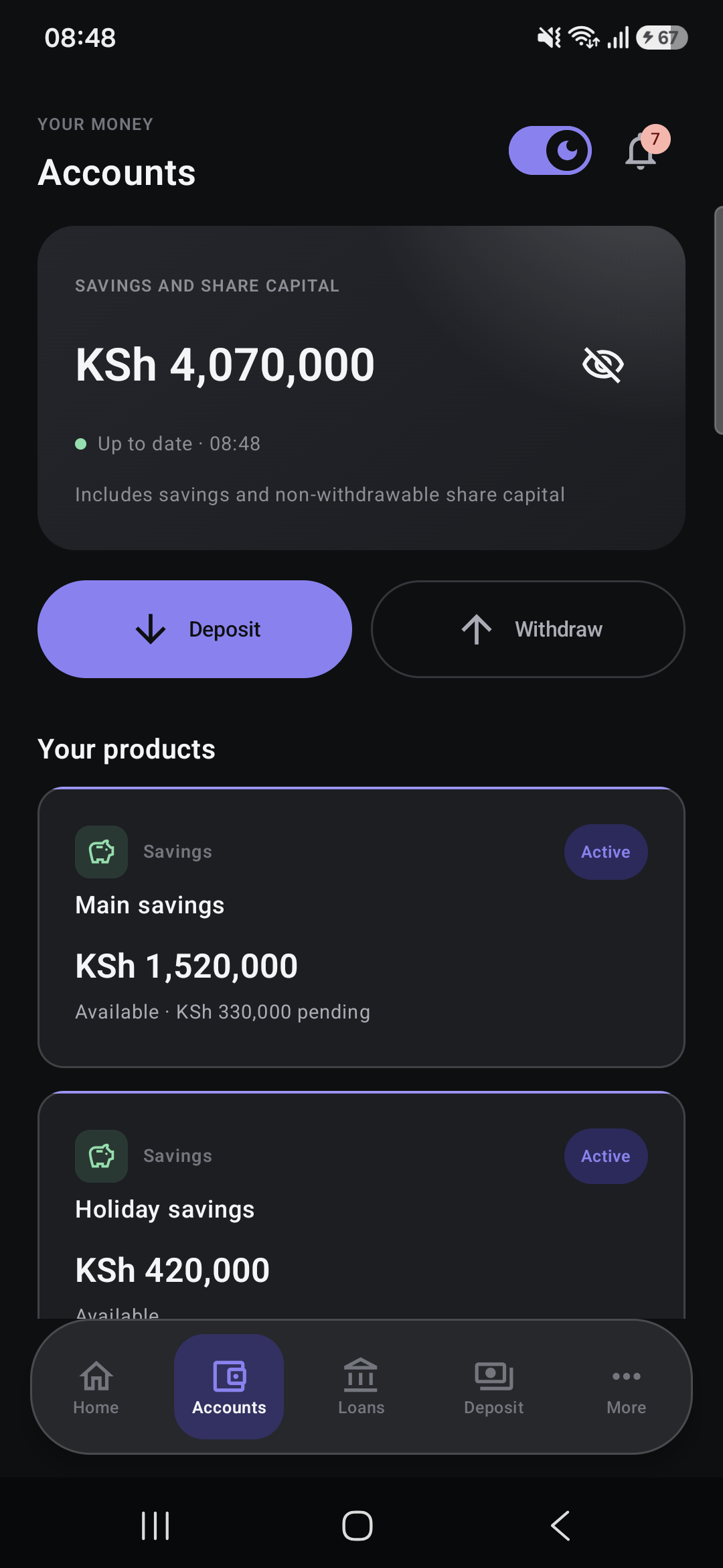 Kenya Member App demo accounts showing savings and share balances in KES (KSh).
