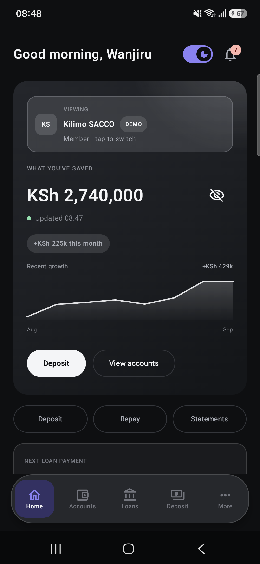 Kenya Member App demo dashboard with savings and account activity in KES (KSh).