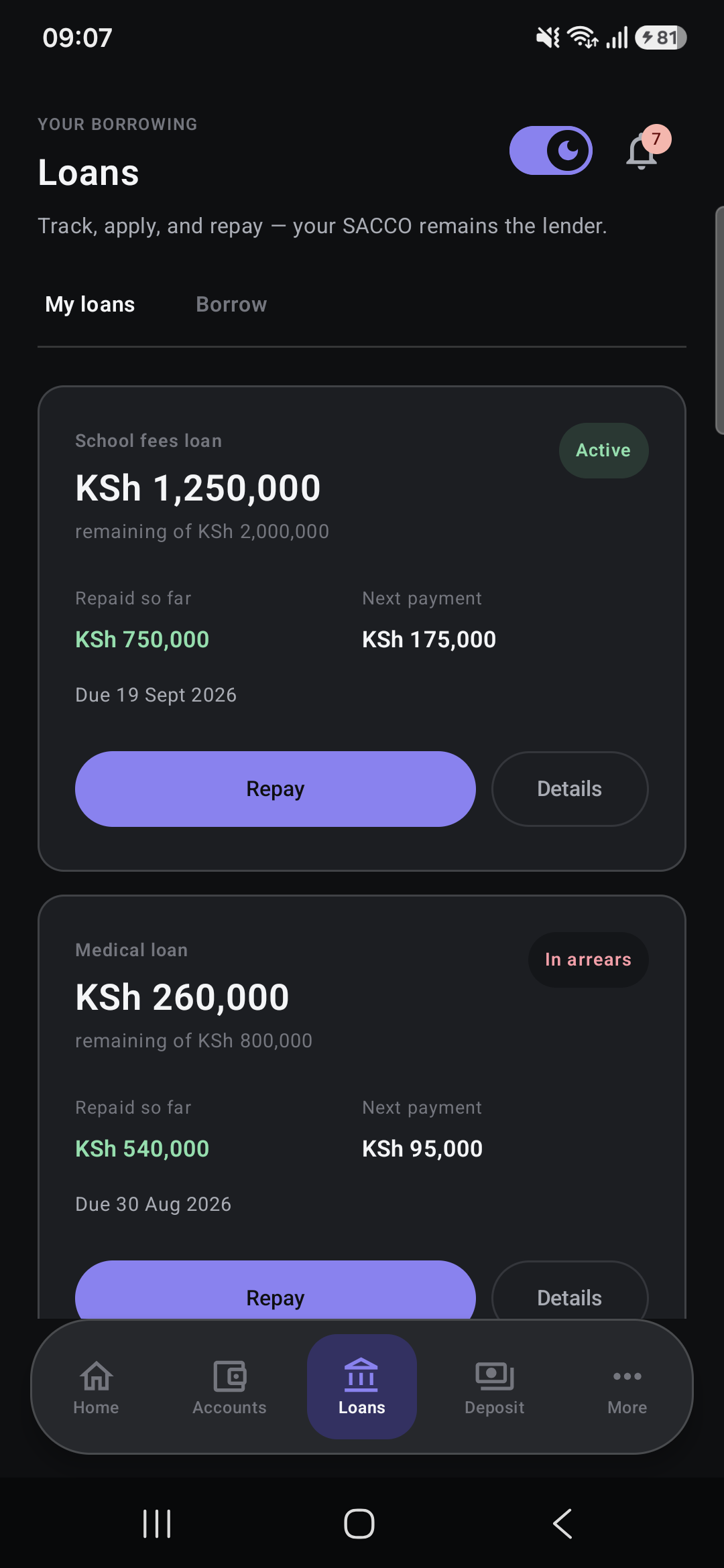 Kenya Member App demo loans with balances and repayments in KES (KSh). The SACCO remains the lender.